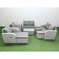 Fimous 9 Seater Outdoor Reclining Chair Love Sofa Set Rattan Garden Furniture Set with Rectangular Coffee Table 3 Stools Side Table Light Grey