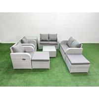 Fimous 8 Seater Outdoor Reclining Chair Love Sofa Set Rattan Garden Furniture Set with Square Coffee Table 2 Big FootStools Side Table Light Grey