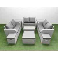 Fimous 9 Seater PE Wicker Rattan Furniture Sofa Sets with Rectangular Coffee Table 2 Seater Love Sofa 3 Stool 2 Side Table Light Grey