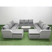 Fimous PE Rattan Lounge Sofa Set 11 Seater Outdoor Garden Furniture Set w/ Rectangular Coffee Table 3 Seater Sofa 2 Big Footstools Side Table Light