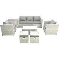 Fimous 7 Seater Rattan Garden Furniture Set with 3 Seater Sofa 2 Chair Rectangular Coffee Table 2 Small Footstools Side Table Light Grey Mixed