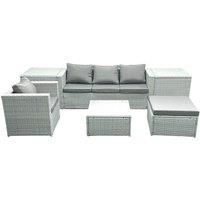 Fimous Garden Outdoor Furniture Set 5 Seater Rattan Sofa Set with Big Footstool Armchair 2 Side Tables Light Grey Mixed