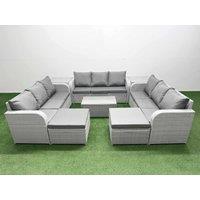 Fimous PE Rattan Lounge Sofa Set 11 Seater Outdoor Garden Furniture Set w/ Rectangular Coffee Table 3 Seater Sofa 2 Big Footstools 2 Side Table Light