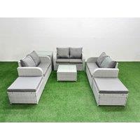 Fimous 8 Seater PE Wicker Rattan Furniture Sofa Sets with Square Coffee Table 2 Seater Love Sofa 2 Big Footstool Side Table Light Grey