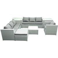 Fimous Wicker PE Rattan Sofa Garden Furniture Set with Armchair Square Coffee Table Big Footstool 2 Side Tables Light Grey Mixed