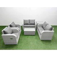 Fimous 6 Seater Outdoor Reclining Chair Love Sofa Set Rattan Garden Furniture Set with Rectangular Coffee Table Side Table Light Grey