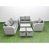 Fimous High Back Poly Rattan Garden Furniture Set w/ Reclining Chair Loveseat Sofa Rectangular Coffee Table Indoor Outdoor Patio Set 2 Stool Side