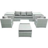 Fimous 6 Seater Rattan Garden Furniture Set with 3 Seater Sofa 2 Chair Square Coffee Table Big Footstool 2 Side Tables Light Grey Mixed