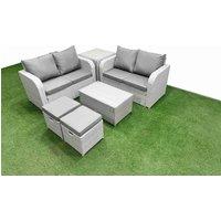 Fimous 6 Seater Outdoor Love Sofa Set Rattan Garden Furniture Set with Rectangular Coffee Table 2 Small Stools Side Table Light Grey