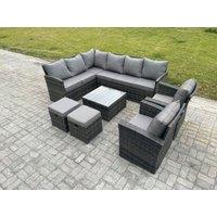 Fimous 10 Seater Outdoor Garden Furniture Set Wicker PE Rattan Corner Sofa Set with Square Coffee Table 2 Small Footstools 2 Armchairs in Dark Grey