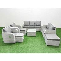 Fimous PE Rattan Garden Furniture Set Adjustable Chair Sofa Double Love Seat 2 Seater Sofa Lounge Set Square Coffee Table 3 Stools Light Grey