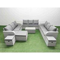 Fimous PE Rattan Lounge Sofa Set 12 Seater Outdoor Garden Furniture Set with Rectangular Coffee Table 3 Seater Sofa 3 Stools 2 Side Table Light Grey