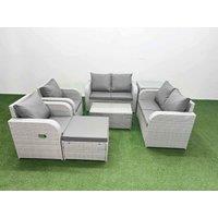 Fimous 7 Seater Outdoor Reclining Chair Love Sofa Set Rattan Garden Furniture Set with Rectangular Coffee Table Footstool Side Table Light Grey