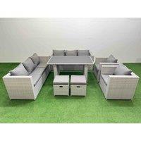 Fimous 10 Seater Outdoor Dining Table 3 Seater Sofa Set with 2 Small Stools in Light Grey