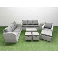 Fimous 10 Seater Poly Rattan Outdoor Garden Furniture Sofa Set Patio 3 Seater Sofa Reclining Chair 3 Seater Sofa 3 Stools 2 Side Table Light Grey