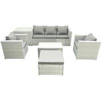 Fimous Rattan Garden Furniture Set with 3 Seater Sofa 2 Chair Rectangular Coffee Table Big Footstool Side Table Light Grey Mixed 6 Seater