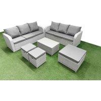 Fimous Outdoor Garden Furniture Sets 9 Seater Wicker Rattan Furniture Sofa Sets w/ Rectangular Coffee Table high Back Lounge Sofa 3 Stools Light Grey