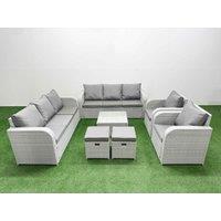 Fimous PE Rattan High Back Lounge Sofa Set Patio Square Coffee Table & Chairs Set with 3 Seater Sofa Reclining Chair Stools Light Grey