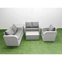 Fimous High Back Poly Rattan Garden Furniture Set w/ Reclining Chair Loveseat Sofa Rectangular Coffee Table Indoor Outdoor Patio Set Side Table Light