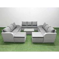 Fimous PE Rattan Lounge Sofa Set 11 Seater Outdoor Garden Furniture Set with Rectangular Coffee Table 3 Seater Sofa 2 Big Footstools Light Grey