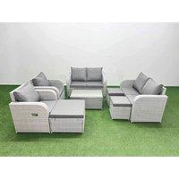 Fimous 9 Seater Outdoor Reclining Chair Love Sofa Set Rattan Garden Furniture Set with Rectangular Coffee Table 3 Stools Light Grey