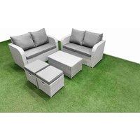 Fimous 6 Seater Outdoor Love Sofa Set Rattan Garden Furniture Set with Rectangular Coffee Table 2 Small Stools Light Grey