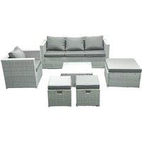 Fimous 6 Seater Rattan Garden Furniture Set with 3 Seater Sofa Chair Square Coffee Table 3 Footstools Light Grey Mixed