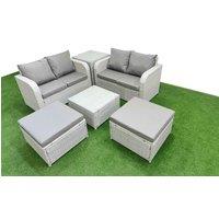 Fimous 6 Seater Outdoor Love Sofa Set Rattan Garden Furniture Set with Square Coffee Table 2 Footstool Side Table Light Grey