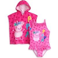 Peppa Pig Girl's Poncho Towel & 1 Piece Swimming Costume Set | Pink | Official | Size: 4-5 Years