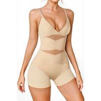 MODISHION Women's Tummy Control Boyshorts Sculpting Shapewear Mesh Bodysuit in Beige | Size: XL