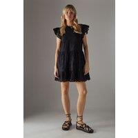 Warehouse Women's Broderie Mix Tier Mini Smock Dress in Black | Size: 12