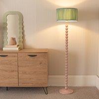ValueLights Bobbins Painted Rose Floor Lamp with Ruched Pleated Drum Lamp Shade & LED Bulb in Pale Green