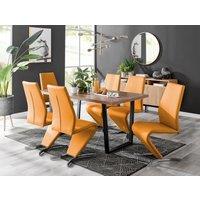 FurnitureboxUK Kylo Large Brown Wood Effect Dining Table & 6 Willow Faux Leather Chairs in Mustard