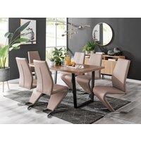 FurnitureboxUK Kylo Large Brown Wood Effect Dining Table & 6 Willow Faux Leather Chairs in Beige