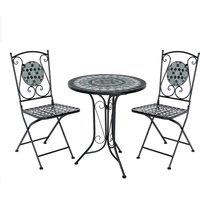 Charles Bentley 3 Piece Wrought Iron Mosaic Bistro Set Table & 2 Chairs in Black
