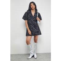 Warehouse Women's Tony Printed Boxy Denim Mini Dress With Pockets in Mid Blue | Size: 8