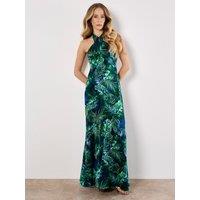 Apricot Women's Tropical Leaf Satin Maxi Dress in Navy | Size: 14