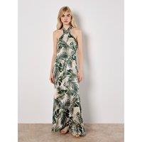 Apricot Women's Tropical Leaf Satin Maxi Dress in Cream | Size: 14