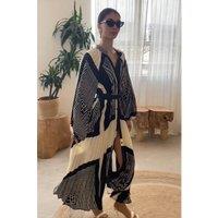 CY Women's Black & White Scarf Print Full Pleated Long Shirt Dress