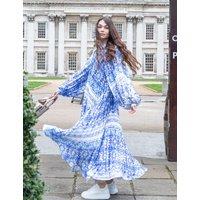 CY Women's Blue Monochrome Scarf Print Pleated Long Shirt Dress