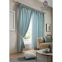 Luxury Living Modern Geometric Two-Tone Jacquard Lined Pencil Pleat Taped Curtains in Teal | Size: 168 cm width x 183 cm drop