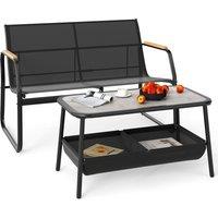 Gymax 2PCS Outdoor Loveseat Set With Coffee Table 2 Storage Basket Armrest in Black