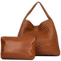 PEACH ACCESSORIES Women's Chic Weave Tote Handbag with Matching Clutch in Tan
