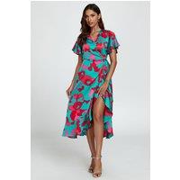 FS Collection Women's Leopard Print Angel Sleeve Wrap Midi Blue Pink | Size: Medium