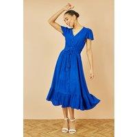 Yumi Women's Blue Button Detail Midi Dress With Ruched Waist & Metallic Thread | Size: 10