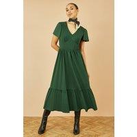 Yumi Women's Green Cotton Jersey V Neck Midi Dress | Size: 12