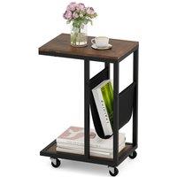 Costway C-shaped Side Table on Wheels Industrial 3-Tier Sofa Couch Table in Brown