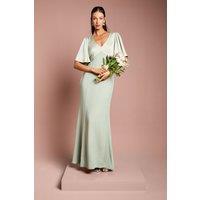 Contrast Satin Angel Sleeve Open Back Bridesmaid Dress
