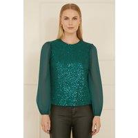 Yumi Women's Green Sequin Top With Sheer Sleeves | Size: 8