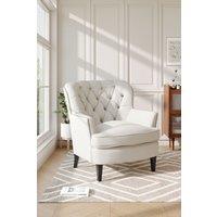 H&O Direct Classic Buttoned Back Linen Armchair with Wooden Legs in Beige